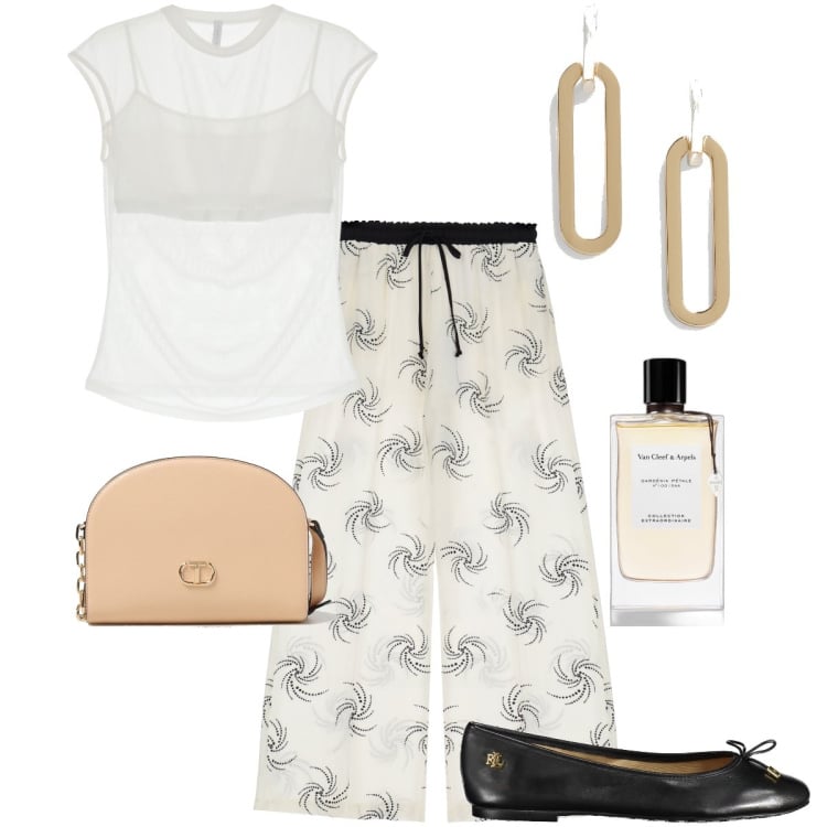 Outfit donna - I pantaloni leggeri. Stile Bon Ton per Ufficio. Abbinamento con profumi, pantaloni, canottiere, orecchini, ballerine, borse a tracolla.