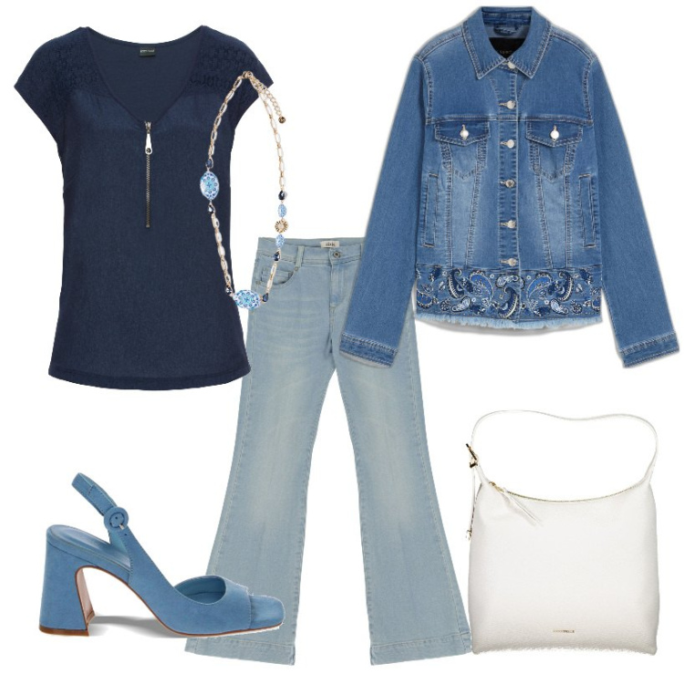 Outfit donna - Da mattina a sera. Stile Casual per Tutti i giorni. Abbinamento con t-shirt, blazer, sandali col tacco, jeans, ciondoli, borse a spalla.