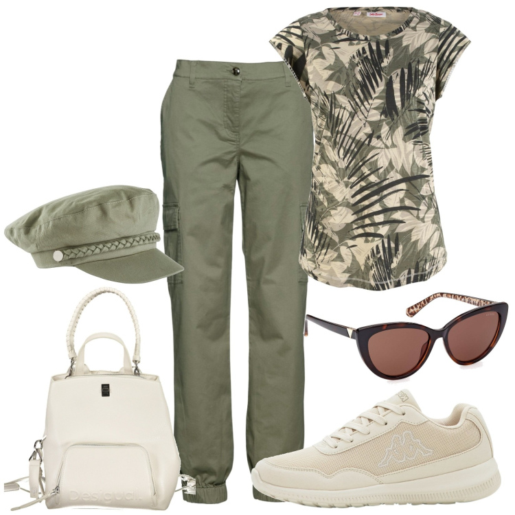 Outfit donna - Immersa nella valle verde. Stile Casual per Tutti i giorni. Abbinamento con pantaloni cargo, maglieria, sneakers, cappelli, zaini, occhiali da sole.
