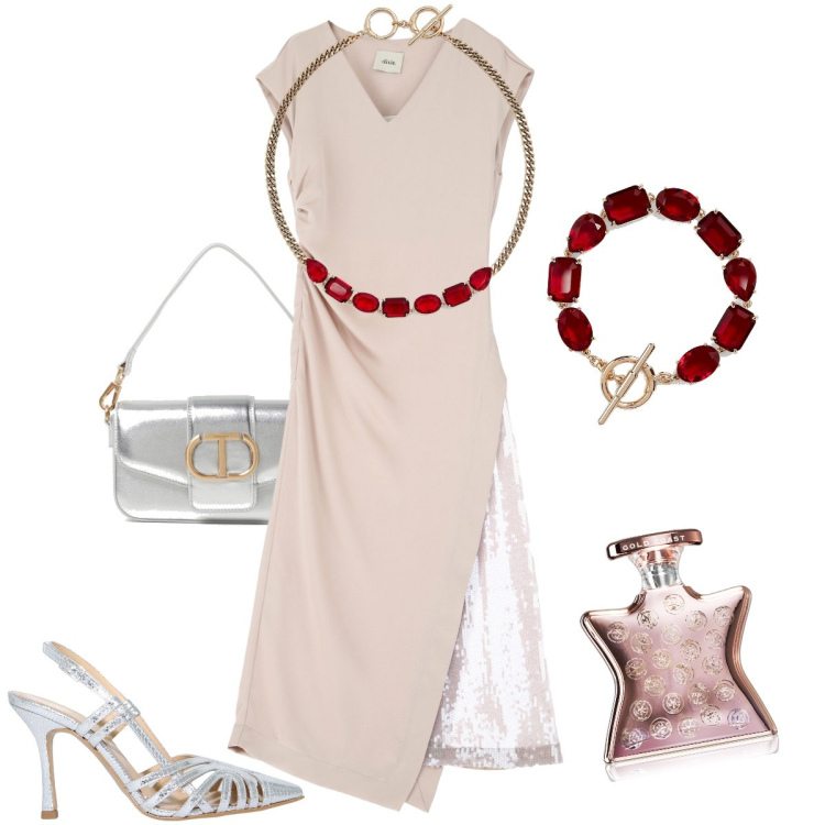 Outfit donna - La parure chic. Stile Chic per Serata fuori. Abbinamento con profumi, vestiti midi/longuette, sandali in pelle, collane, braccialetti, borse a spalla.