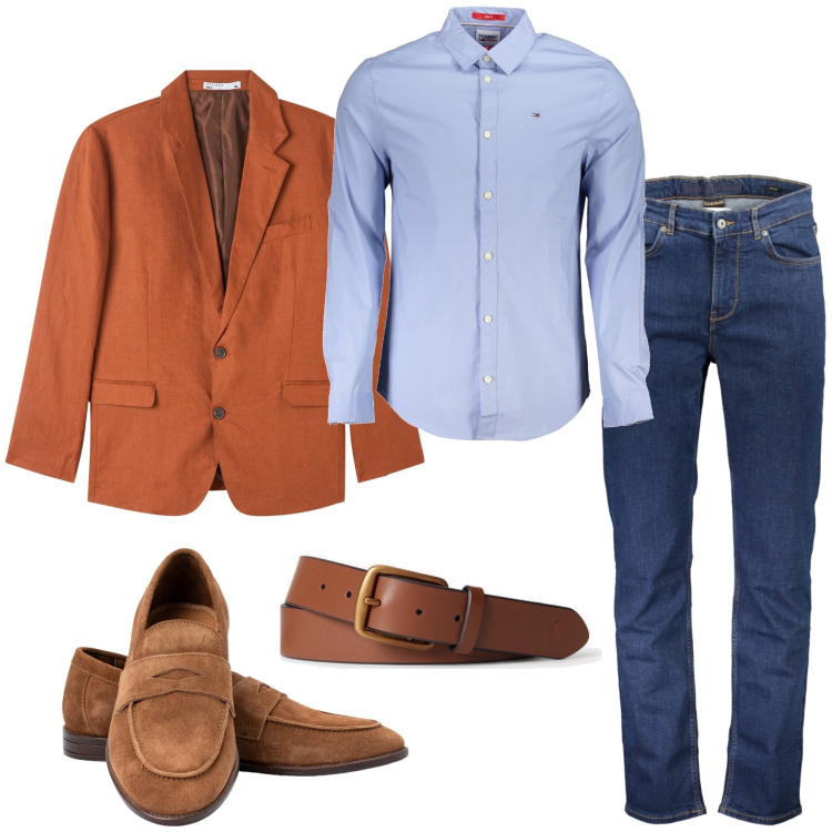 Outfit uomo - Giacca e jeans. Stile Casual per Cerimonia. Abbinamento con giacche, cinture, camicie, jeans, scarpe stringate.