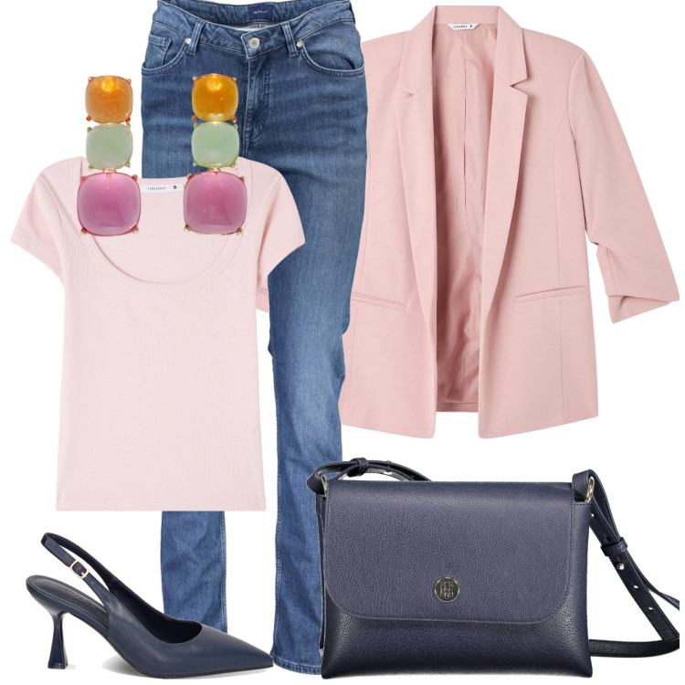 Outfit donna - Blazer mania. Stile Casual chic per Tutti i giorni. Abbinamento con t-shirt, blazer, décolleté, orecchini, jeans, borse a spalla.