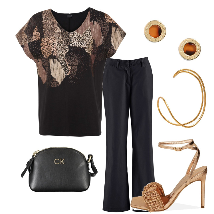 Outfit donna - Total look #1877009. Stile Casual chic per Serata fuori. Abbinamento con maglieria, pantaloni, sandali col tacco, orecchini, borse a tracolla, braccialetti.