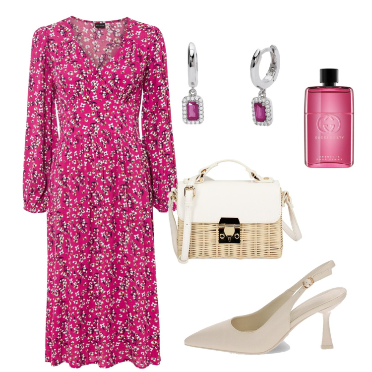 Outfit donna - Borsetta in raffia pet la primavera. Stile Bon Ton per Serata fuori. Abbinamento con vestiti midi/longuette, profumi, orecchini, décolleté, borse a tracolla.