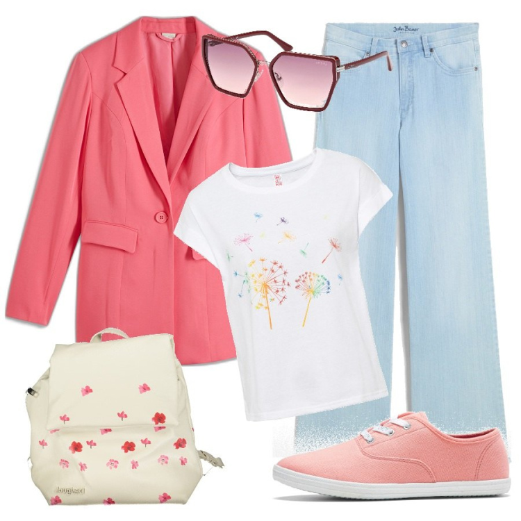 Outfit donna - Weekend in campagna. Stile Casual per Tutti i giorni. Abbinamento con t-shirt, jeans, sneakers, blazer, zaini, occhiali da sole.