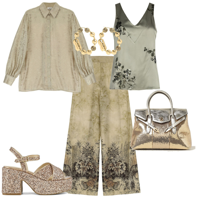 Outfit donna - Chic serata evento speciale. Stile Chic per Serata fuori. Abbinamento con top, pantaloni a palazzo, camicie, sandali, borse a mano, orecchini.