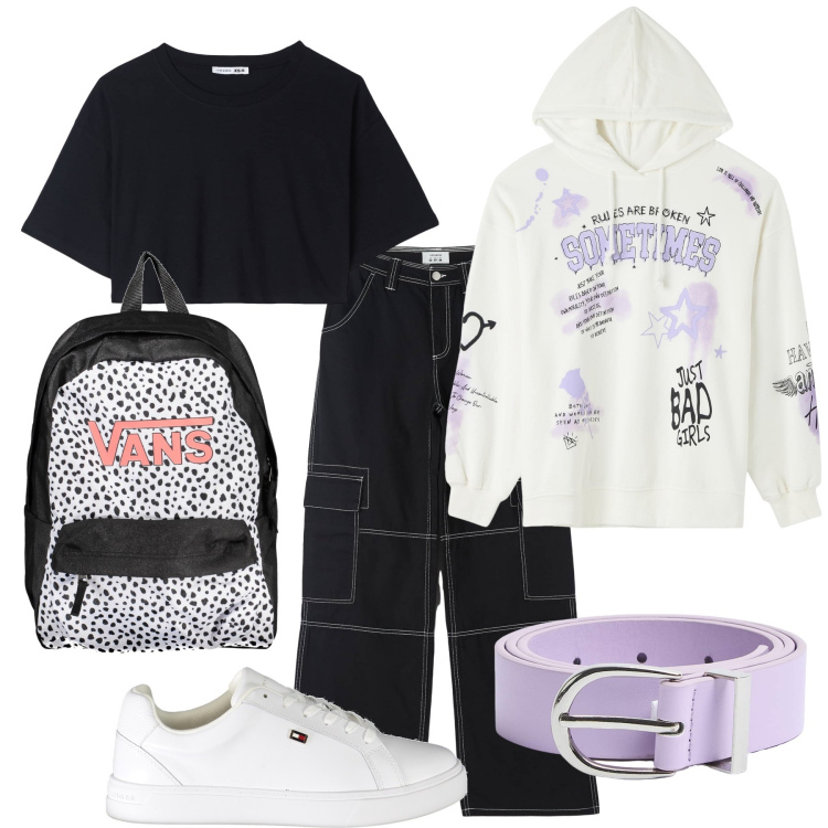 Outfit donna - Maglia e pantaloni neri. Stile Casual per Tutti i giorni. Abbinamento con felpe con cappuccio, pantaloni cargo, cinture, t-shirt, zaini, sneakers.