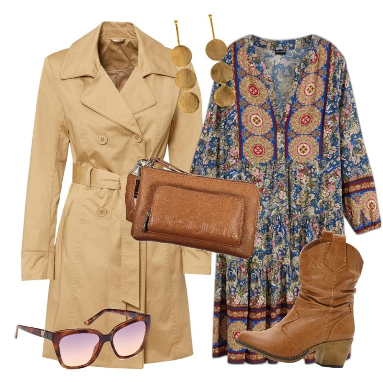 Outfit donna - Trendy per la primavera curvy. Stile Boho per Tutti i giorni. Abbinamento con stivaletti texani, vestiti corti, trench, borse a tracolla, orecchini, occhiali da sole.