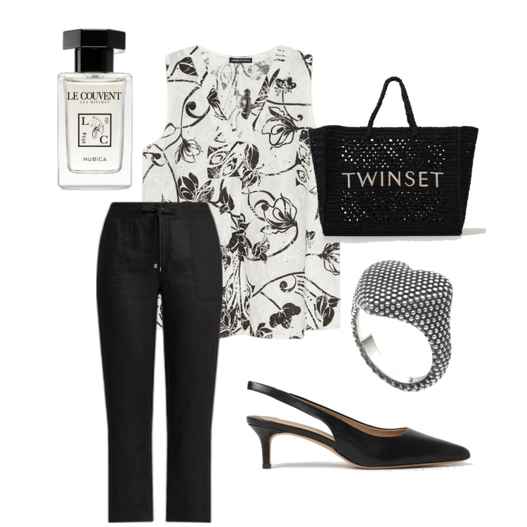 Outfit donna - Borsa trendy. Stile Trendy per Tutti i giorni. Abbinamento con anelli, profumi, pantaloni, scarpe col tacco, top, borse tote.