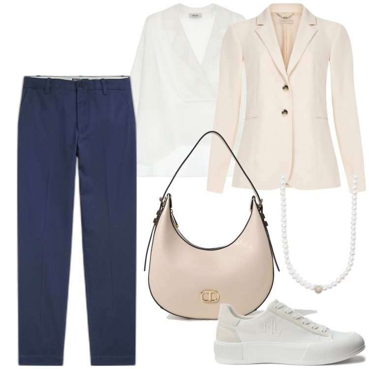 Outfit donna - Casual elegante sopra la 50. Stile Mannish per Ufficio. Abbinamento con collane, blazer, camicie, pantaloni chino, sneakers, borse a spalla.
