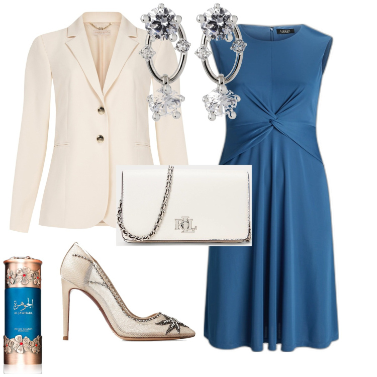 Outfit donna - Riscopri la tua femminilità ed eleganza. Stile Chic per Serata fuori. Abbinamento con profumi, blazer, vestiti, décolleté, borse a mano, orecchini.