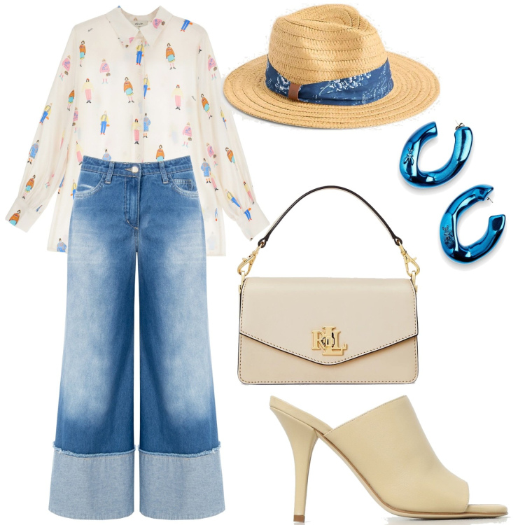 Outfit donna - Trendy orecchini dai riflessi cangianti. Stile Trendy per Tutti i giorni. Abbinamento con orecchini, jeans a zampa, camicie, borse a tracolla, sciarpe, sandali col tacco.