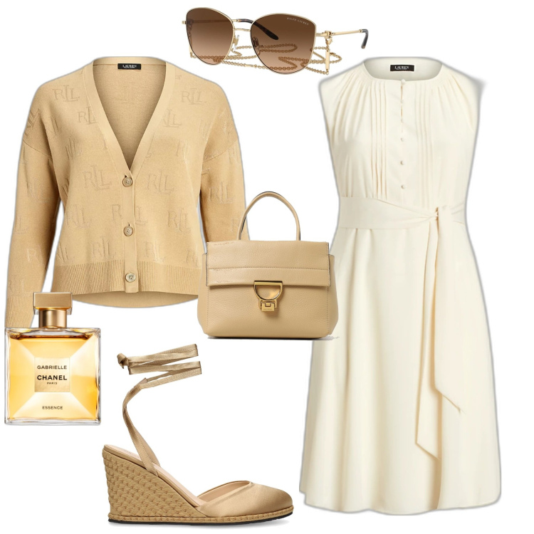 Outfit donna - Comodità eleganza per tutti i giorni. Stile Casual per Tutti i giorni. Abbinamento con profumi, vestiti, occhiali da sole, cardigans, zeppe, borse a mano.