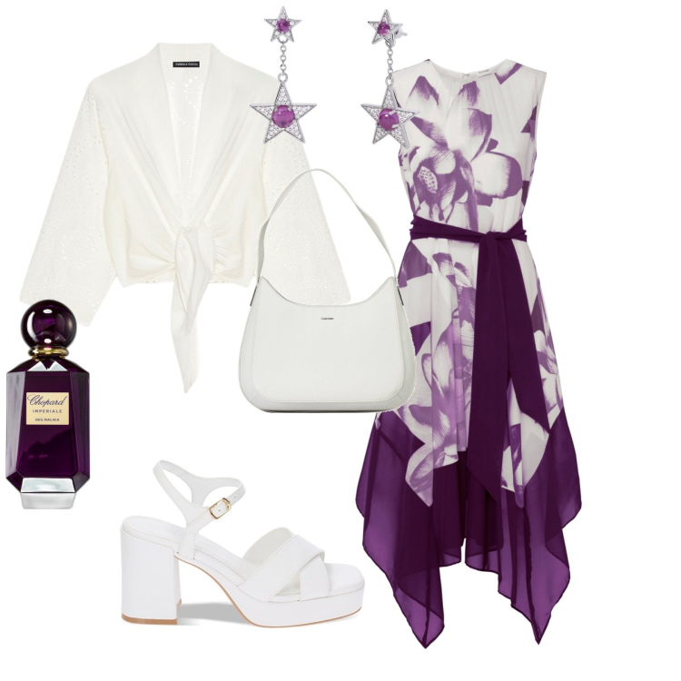 Outfit donna - Eleganza per tutti i giorni. Stile Casual per Tutti i giorni. Abbinamento con vestiti, profumi, orecchini, sandali col tacco, borse a spalla, blazer.