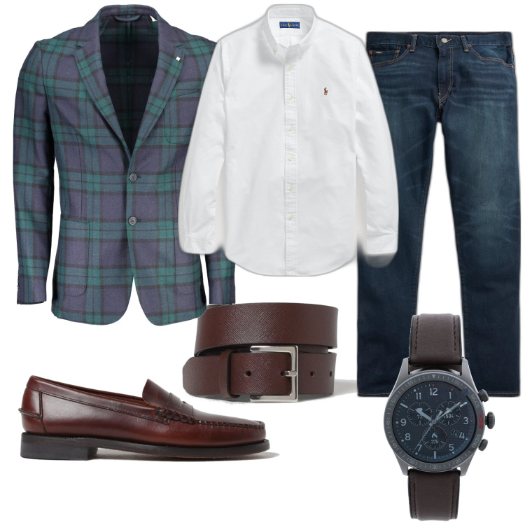 Outfit uomo - Inviato elegante trendy. Stile Trendy per Tutti i giorni. Abbinamento con orologi digitali, camicie, jeans, giacche, scarpe stringate, cinture.