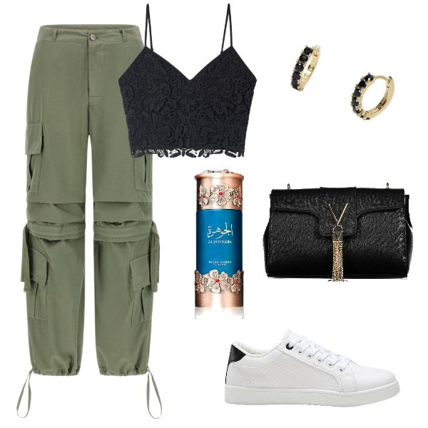 Outfit donna - Casual chic. Stile Casual chic per Tutti i giorni. Abbinamento con sneakers, profumi, top, orecchini, pantaloni cargo, borse a tracolla.