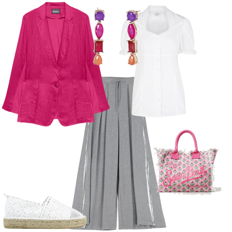 Outfit donna - Trendy ufficio o week end. Stile Trendy per Ufficio. Abbinamento con camicie, orecchini, pantaloni a palazzo, espadrillas, borse tote, blazer.
