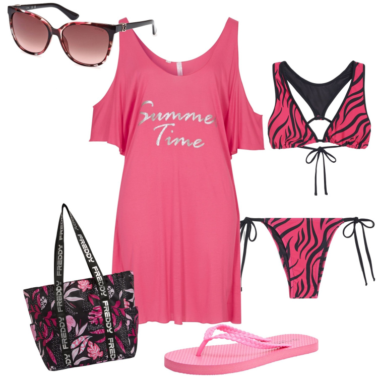 Outfit donna - Let the summer start. Stile Minimal per Mare. Abbinamento con vestiti da spiaggia, infradito, bikini, bikini, shopping bag, occhiali da sole.