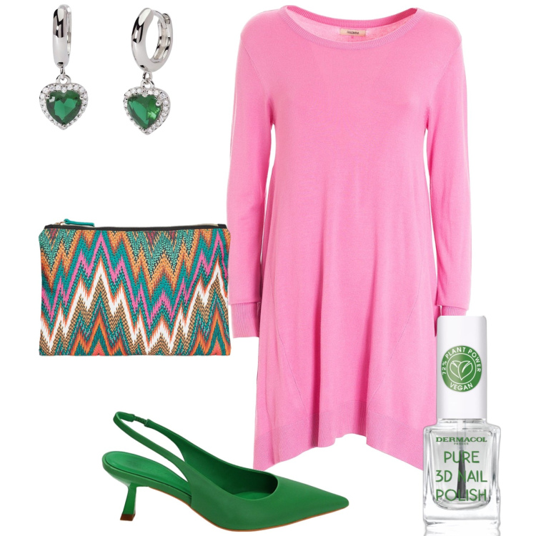 Outfit donna - L abito rosa ti svolta il look. Stile Glamour per Serata fuori. Abbinamento con smalti, orecchini, vestiti asimmetrici, décolleté, pochette.