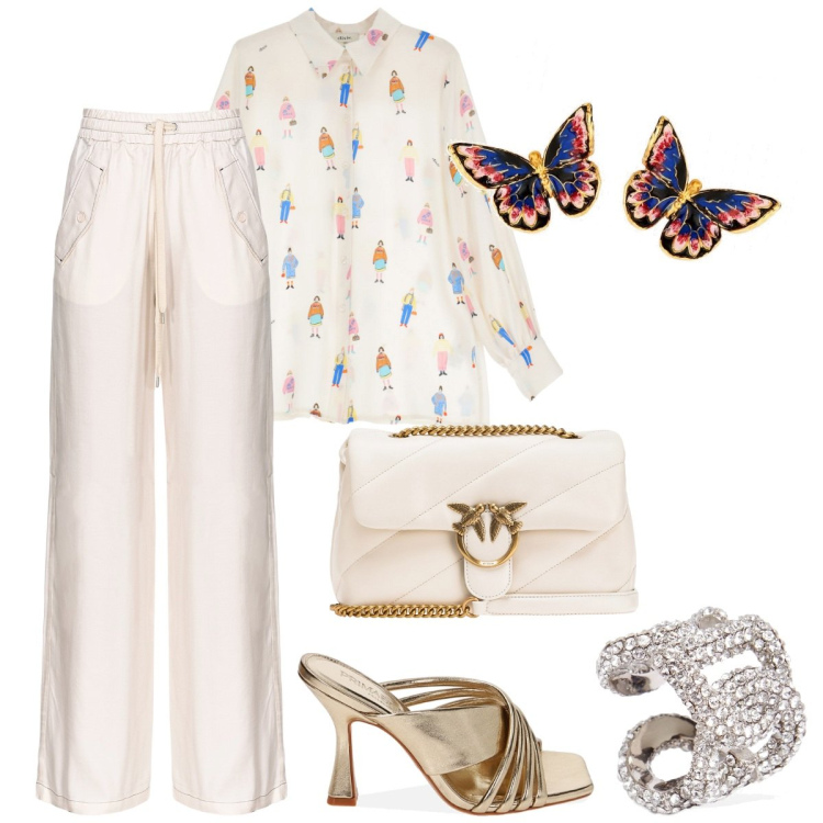 Outfit donna - Gioielli statement. Stile Romantica per Cerimonia. Abbinamento con orecchini, pantaloni, borse a tracolla, camicie, pantofole, anelli.
