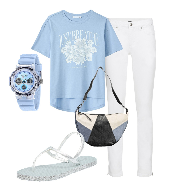 Outfit donna - Total look #1877104. Stile Basic per Tutti i giorni. Abbinamento con jeans skinny, orologi, sandali, t-shirt, borse a tracolla.
