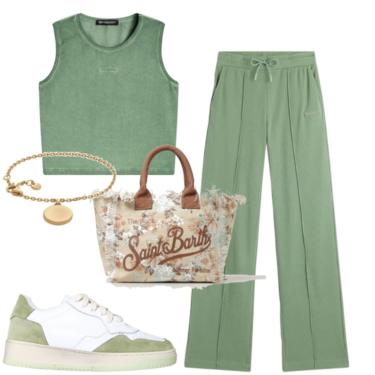 Outfit donna - City. Stile Casual per Tutti i giorni. Abbinamento con braccialetti, top, pantaloni, sneakers, borse tote.