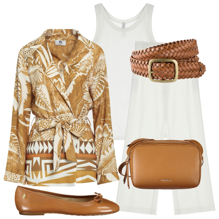 Outfit donna - Weekend in campagna. Stile Casual chic per Tutti i giorni. Abbinamento con cinture, top, canottiere, pantaloni, borse a tracolla, ballerine.