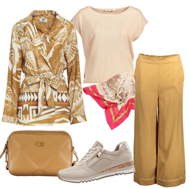 Outfit donna - Weekend. Stile Casual chic per Tutti i giorni. Abbinamento con sneakers, top, foulard, pantaloni, borse a tracolla, t-shirt.