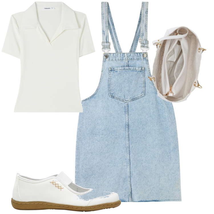 Outfit donna - Che graziosa salopette. Stile Casual per Tutti i giorni. Abbinamento con ballerine, borse a mano, salopette, polo.