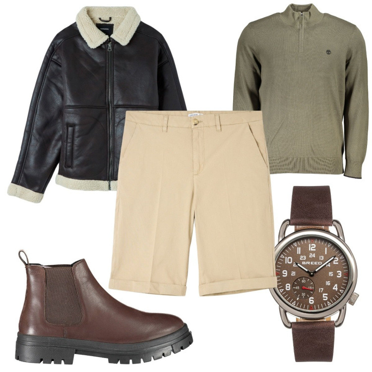 Outfit uomo - Bermuda in campagna. Stile Trendy per Tutti i giorni. Abbinamento con orologi, bermuda, piumini, stivali, maglieria.