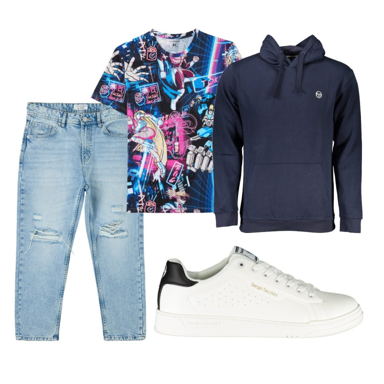 Outfit uomo - Total look #1877166. Stile Casual per Tutti i giorni. Abbinamento con jeans strappati, t-shirt, scarpe sportive, felpe con cappuccio.