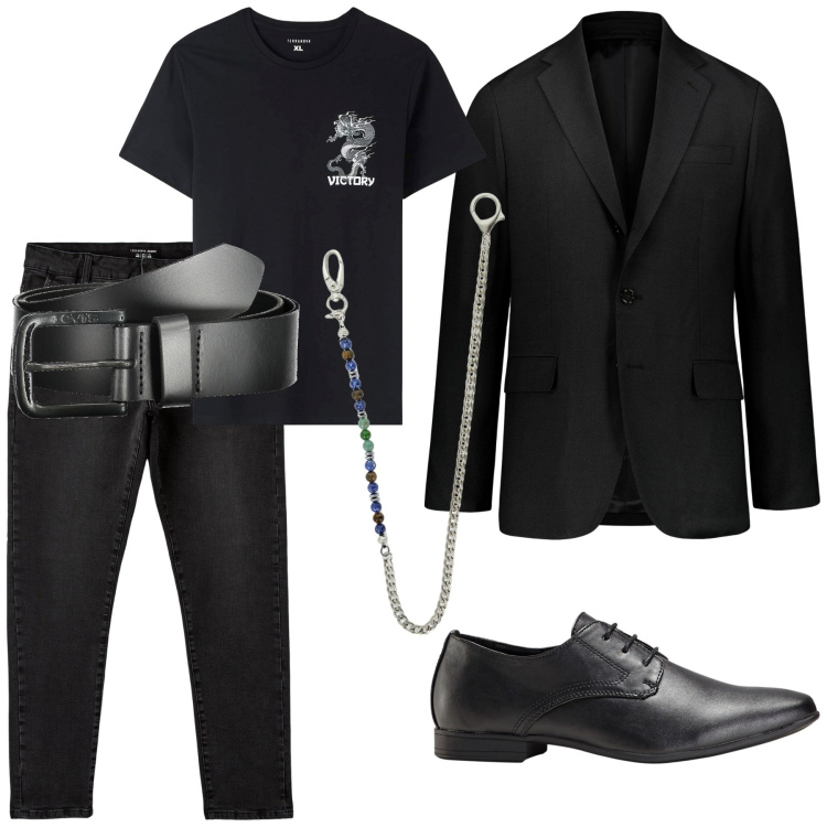 Outfit uomo - Total Black. Stile Urban per Serata speciale. Abbinamento con scarpe stringate, t-shirt, jeans skinny, collane, abiti, cinture.