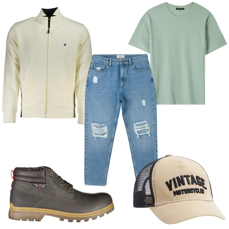 Outfit uomo - Weekend in jeans. Stile Casual per Tutti i giorni. Abbinamento con jeans strappati, t-shirt, cappelli, stivali, felpe.