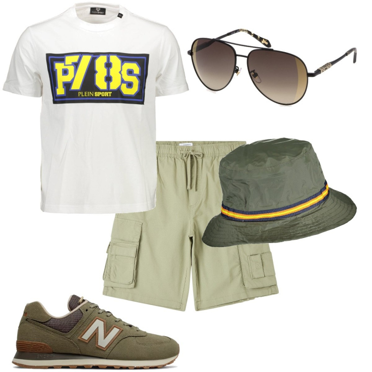 Outfit uomo - Gita fuori porta. Stile Casual per Tutti i giorni. Abbinamento con pantaloni corti, sneakers, cappelli, t-shirt, occhiali da sole.