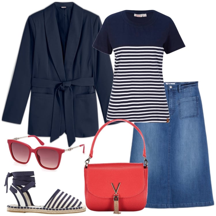 Outfit donna - Total look #1877204. Stile Casual chic per Tutti i giorni. Abbinamento con gonne longuette, t-shirt, espadrillas, blazer, borse a spalla, occhiali da sole.