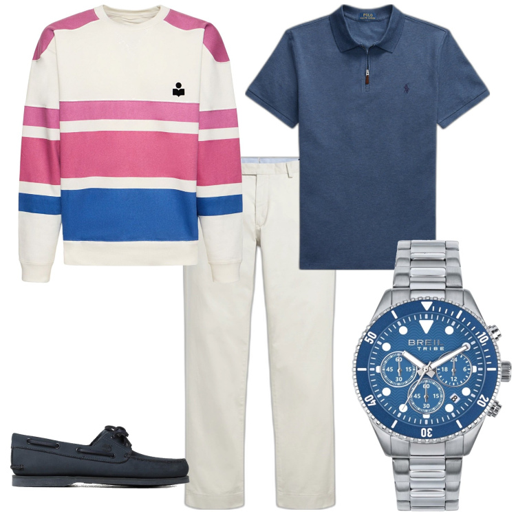 Outfit uomo - Trendy per il week end. Stile Trendy per Tutti i giorni. Abbinamento con orologi, pantaloni chino, polo, felpe, scarpe stringate.