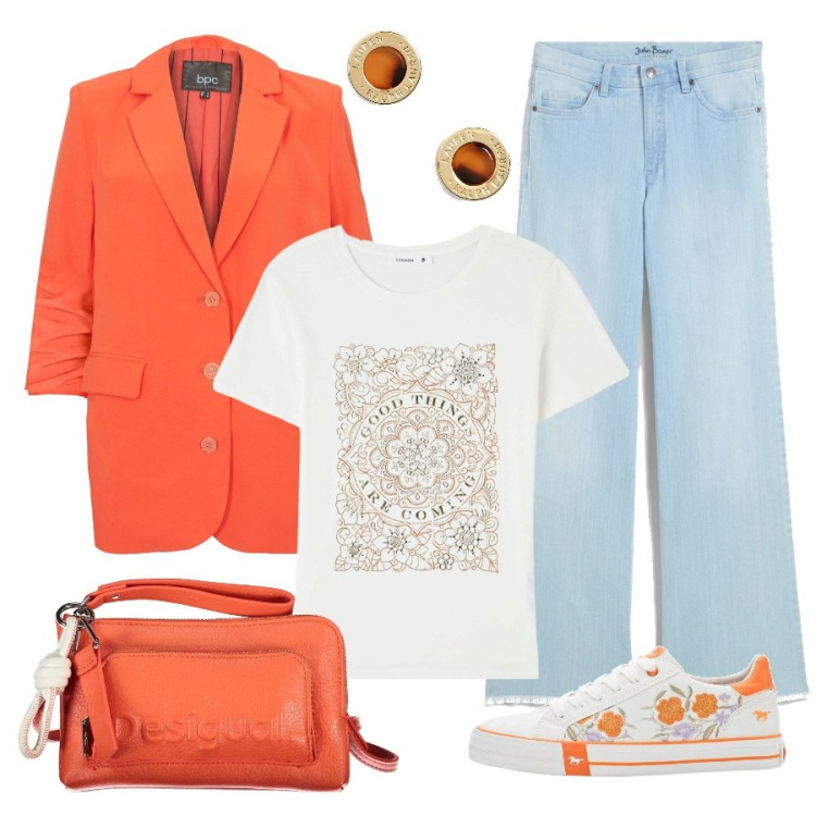 Outfit donna - Blazer mania. Stile Casual per Tutti i giorni. Abbinamento con sneakers, jeans, blazer, t-shirt, orecchini, borse a tracolla.