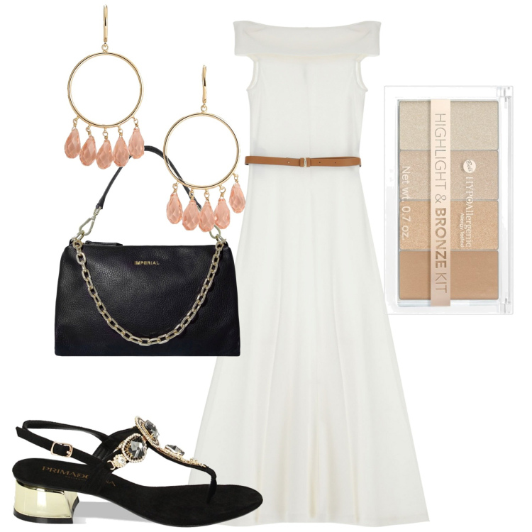 Outfit donna - Il vestito per l\'estate. Stile Casual chic per Tutti i giorni. Abbinamento con terre, vestiti midi/longuette, pochette, sandali gioiello, orecchini.