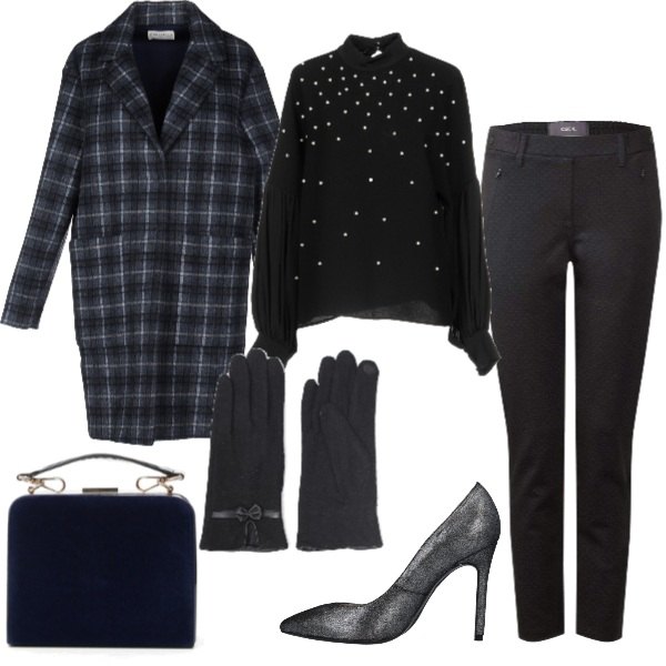 Outfit donna - Tartan sul cappotto. Stile Basic per Serata fuori. Abbinamento con blusa senza tasche con perline collo alto a maniche lunghe in seta crêpe, cappotto fantasia collo con revers a maniche lunghe interno sfoderato in flanella monopetto, décolleté effetto laminato a punta tinta unita, pantalone grigio e nero, clutch con manico effetto vernice a scatto in velluto, guanti con fiocco e spacco.
