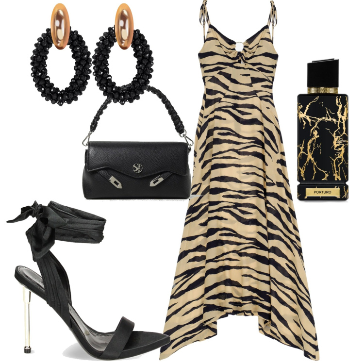 Outfit donna - Animalier. Stile Casual chic per Serata fuori. Abbinamento con orecchini, profumi, vestiti lunghi, sandali col tacco, borse a spalla.