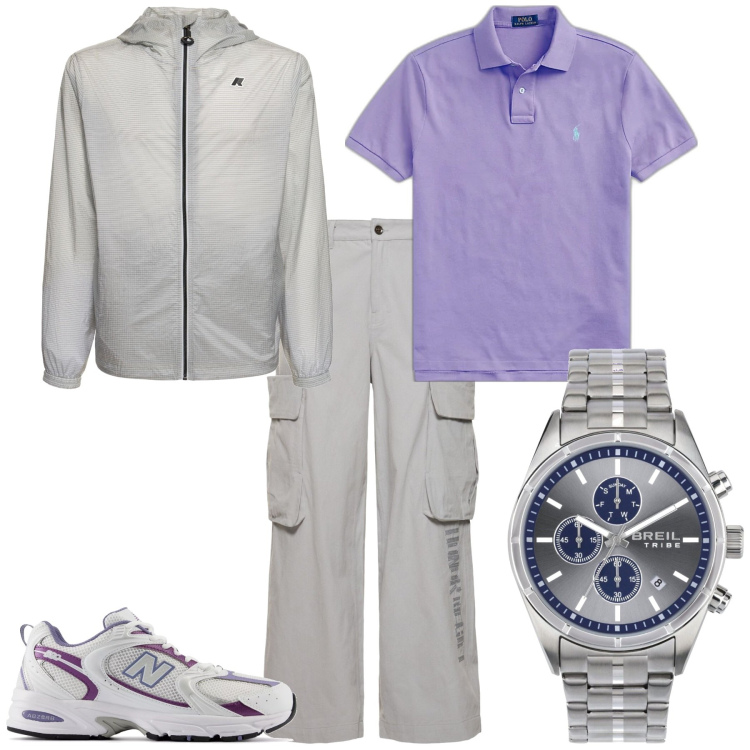 Outfit uomo - Trendy tempo libero. Stile Trendy per Tutti i giorni. Abbinamento con orologi, sneakers, polo, giacche, pantaloni cargo.