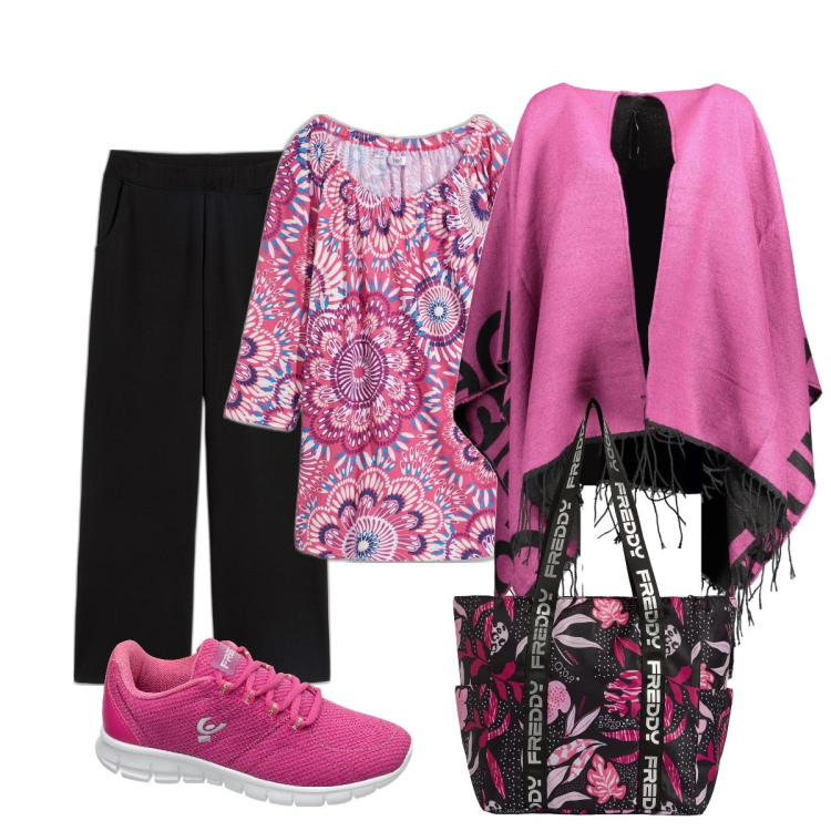 Outfit donna - Fucsia e nero. Stile Casual chic per Tutti i giorni. Abbinamento con maglieria, pantaloni a palazzo, sneakers, shopping bag, cappotti.