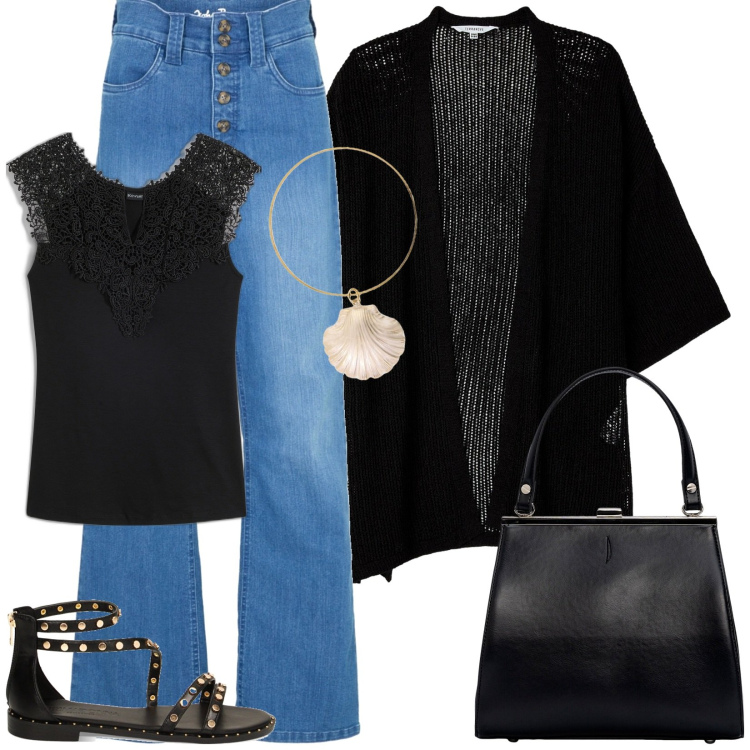 Outfit donna - Casual chic. Stile Casual chic per Tutti i giorni. Abbinamento con top, jeans dritti, kimono, sandali, braccialetti, clutch.