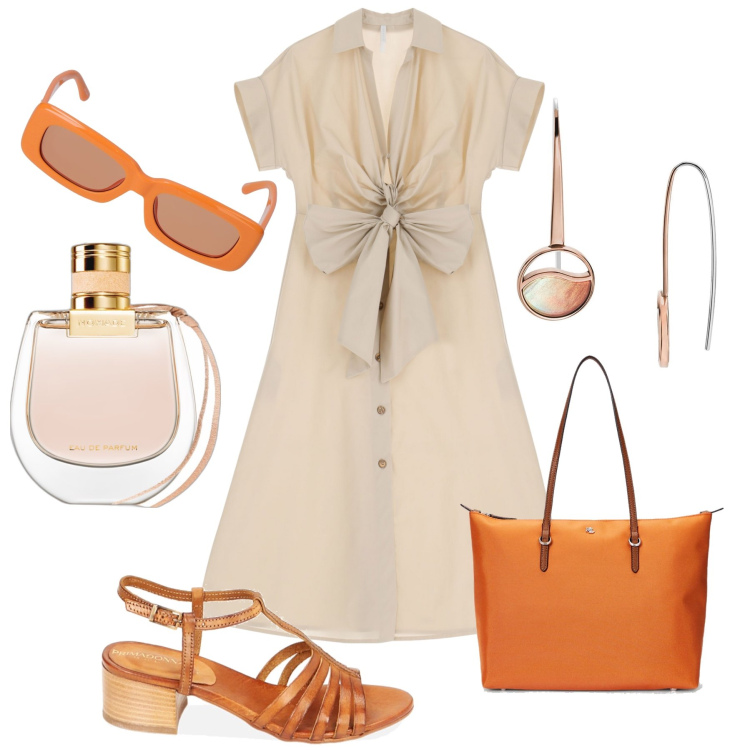 Outfit donna - Weekend comoda con charme. Stile Casual chic per Tutti i giorni. Abbinamento con orecchini, profumi, vestiti midi/longuette, sandali in pelle, borse tote, occhiali da sole.