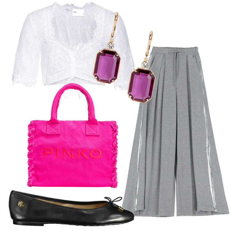 Outfit donna - Borsa fuxia per curvy indimenticabile. Stile Chic per Ufficio. look ideale per Petite. Abbinamento con camicie, shopping bag, pantaloni a palazzo, orecchini, ballerine.