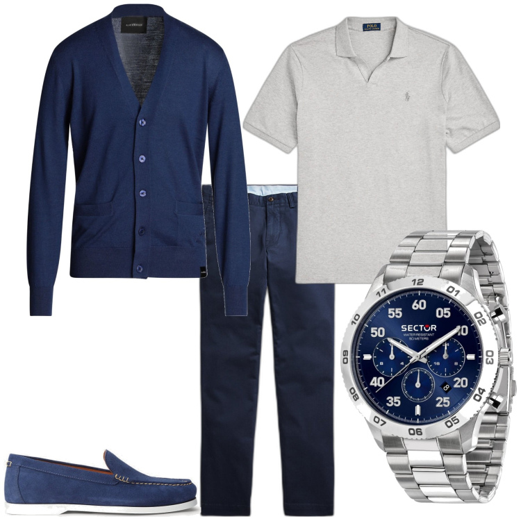 Outfit uomo - Trendy per il week end. Stile Trendy per Tutti i giorni. Abbinamento con cardigans, orologi, pantaloni, scarpe stringate, polo.