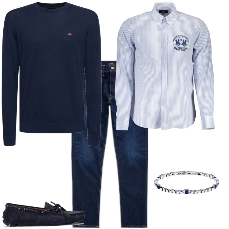 Outfit uomo - Trendy tempo libero. Stile Trendy per Tutti i giorni. Abbinamento con braccialetti, scarpe stringate, jeans, camicie, pullovers.