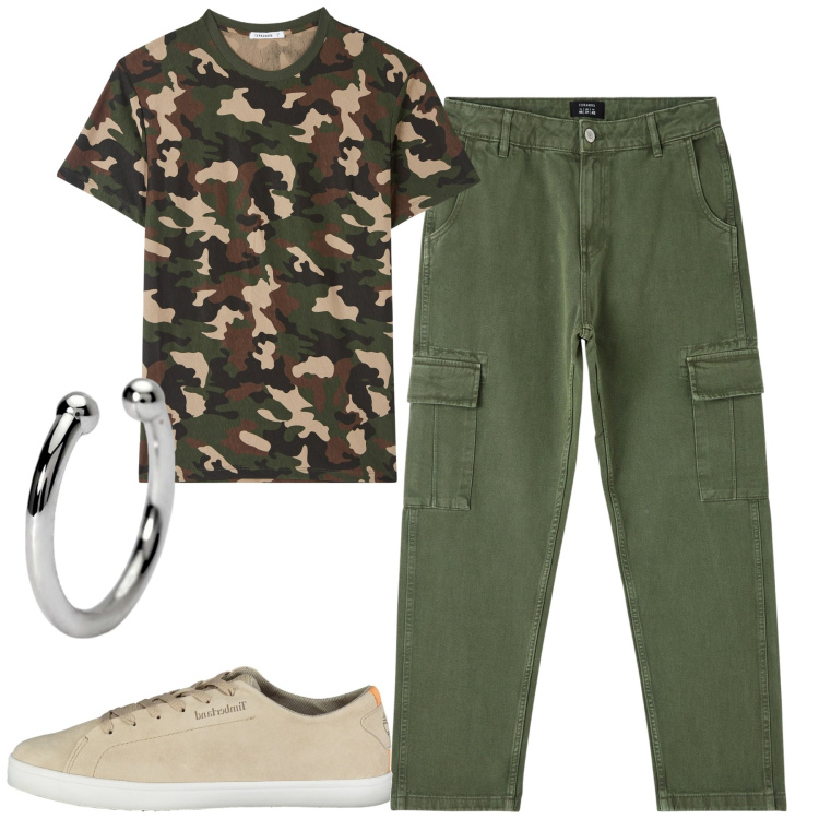 Outfit uomo - City. Stile Casual per Tutti i giorni. Abbinamento con t-shirt, pantaloni cargo, orecchini, scarpe sportive.