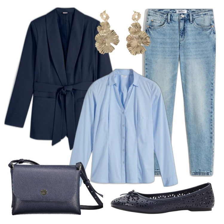 Outfit donna - Casual ma elegante curvy. Stile Casual chic per Tutti i giorni. Abbinamento con camicie, blazer, ballerine, jeans boyfriend, orecchini, borse a spalla.