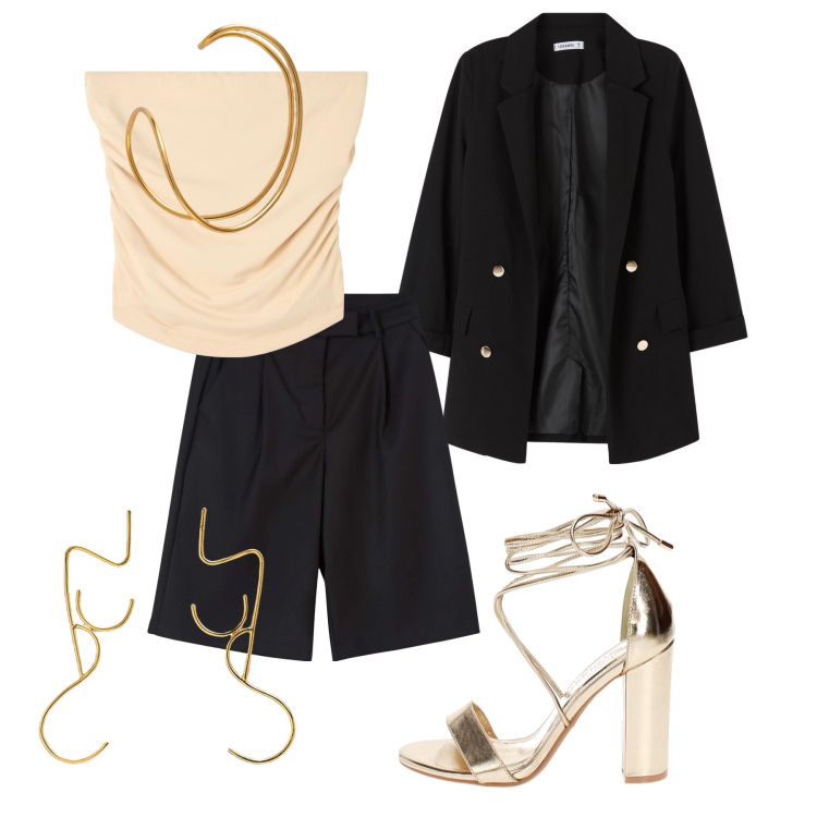 Outfit donna - Goielli sinuosi per la sera. Stile Glamour per Serata fuori. Abbinamento con top, bermuda, blazer, sandali col tacco, braccialetti, orecchini.
